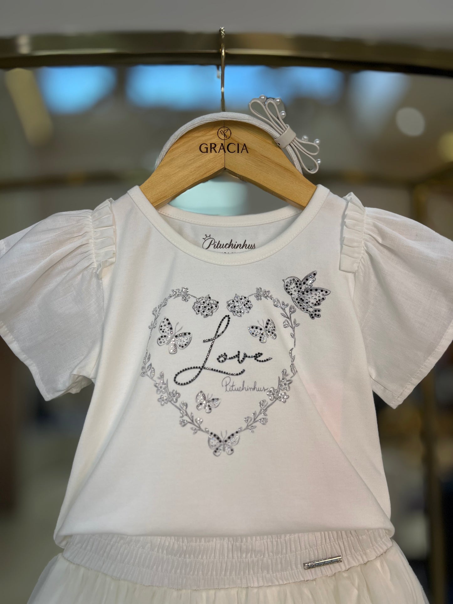 Conjunto Infantil Blusa Coração e Saia-shorts de Tule - Pituchinhus