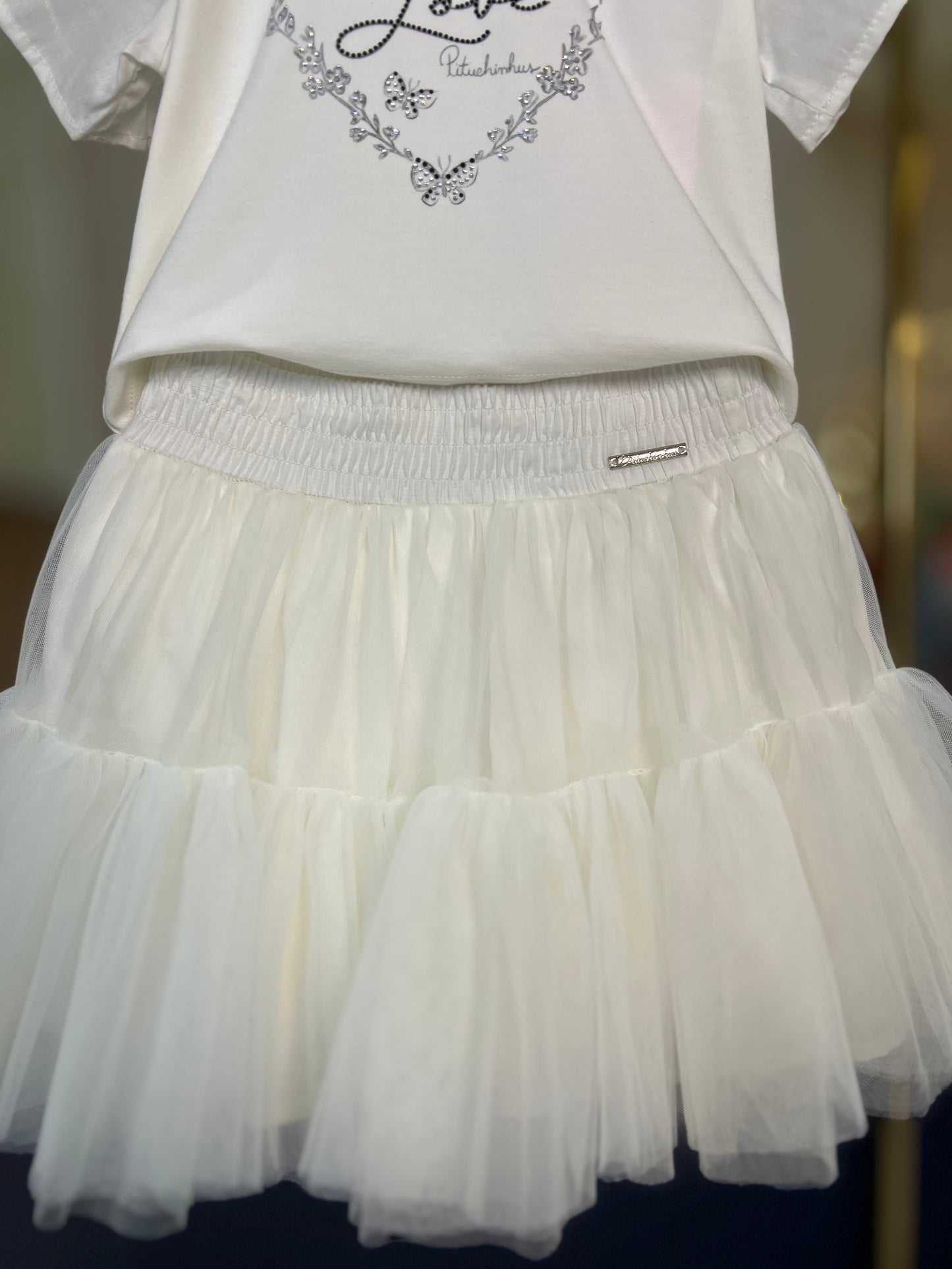 Conjunto Infantil Blusa Coração e Saia-shorts de Tule - Pituchinhus