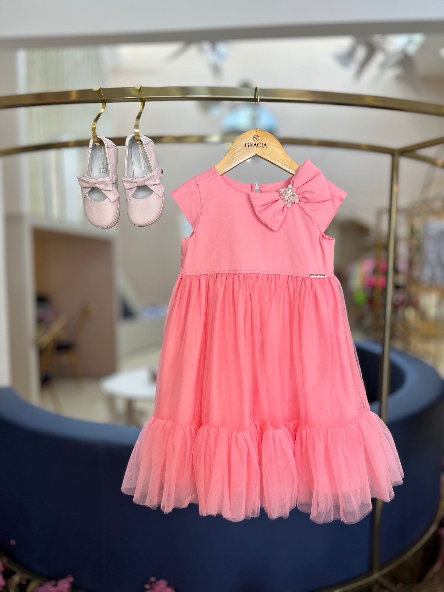 Vestido Infantil Tule Laço Puffer Bordado - Pituchinhus