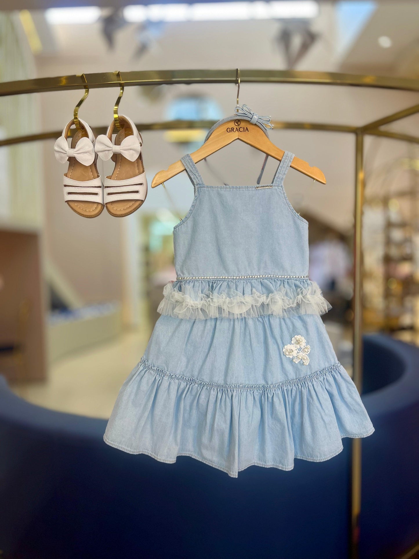 Saia Jeans Babado Guipir Bordado Couture - Pituchinhus - Gracia