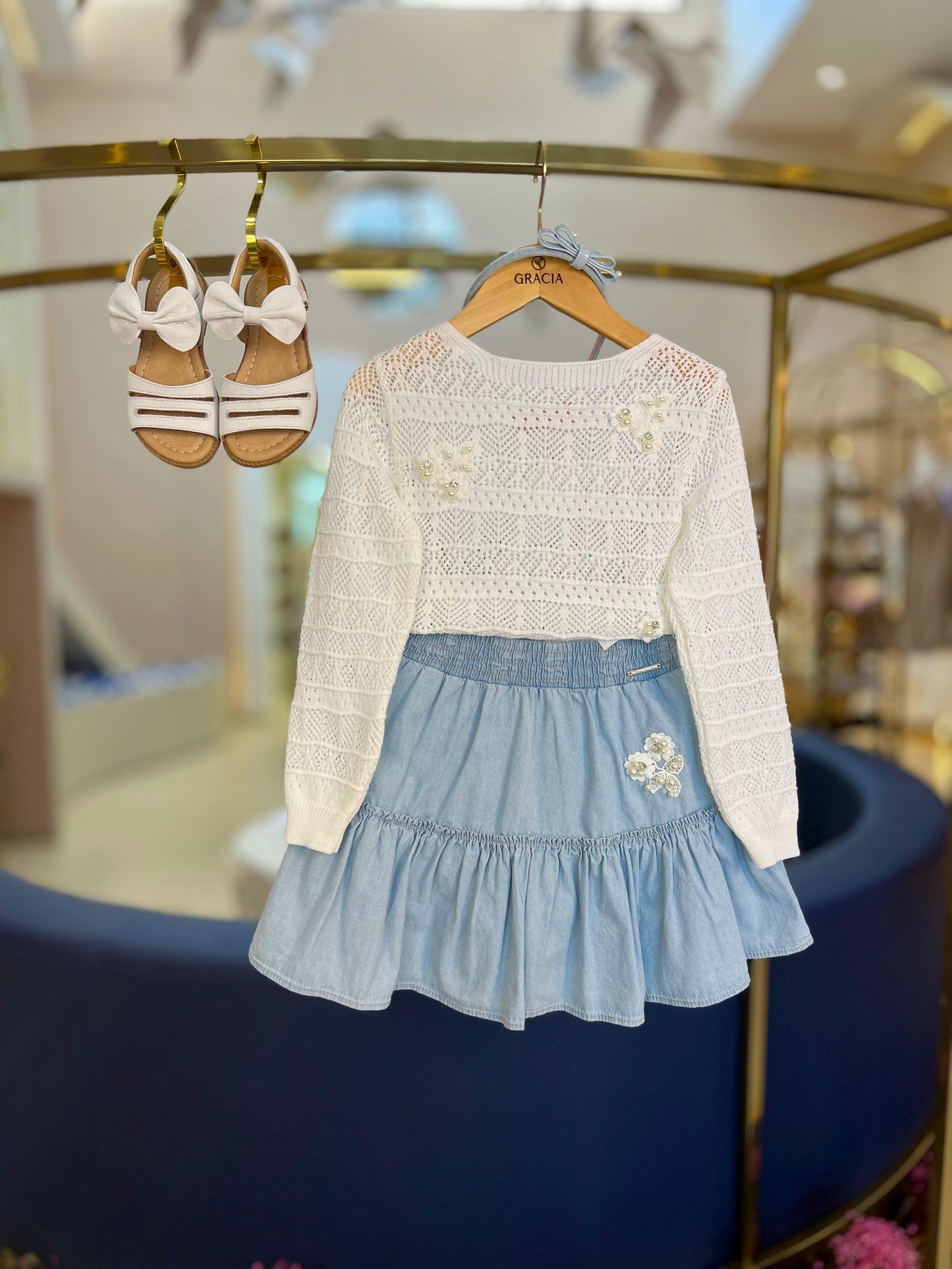Saia Jeans Babado Guipir Bordado Couture - Pituchinhus - Gracia