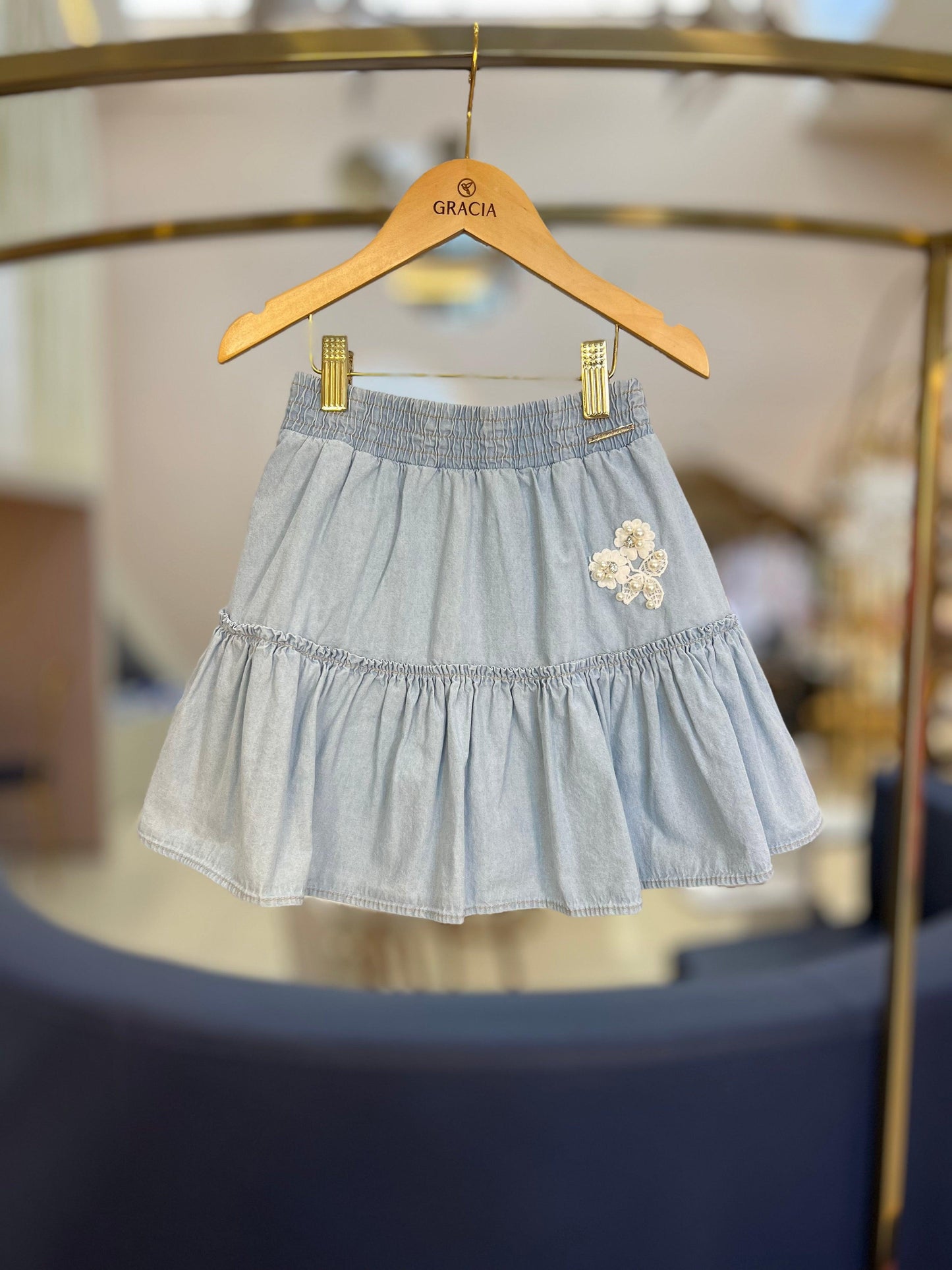 Saia Jeans Babado Guipir Bordado Couture - Pituchinhus - Gracia