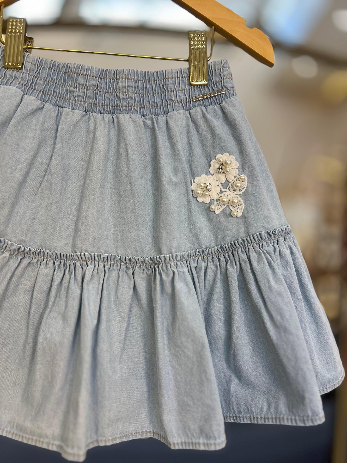 Saia Jeans Babado Guipir Bordado Couture - Pituchinhus - Gracia