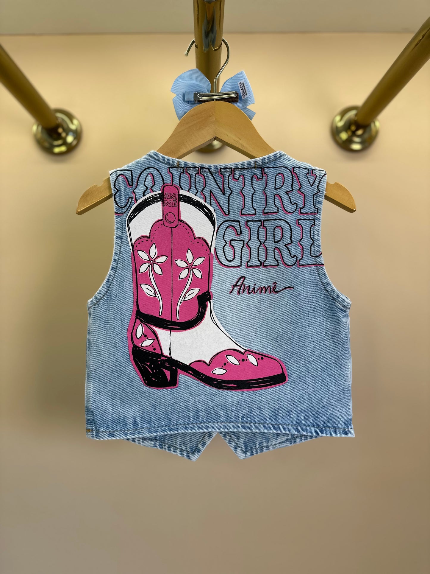 Conjunto Infantil Jeans Blusa Country, Colete Bota e Saia Balonê - Animê
