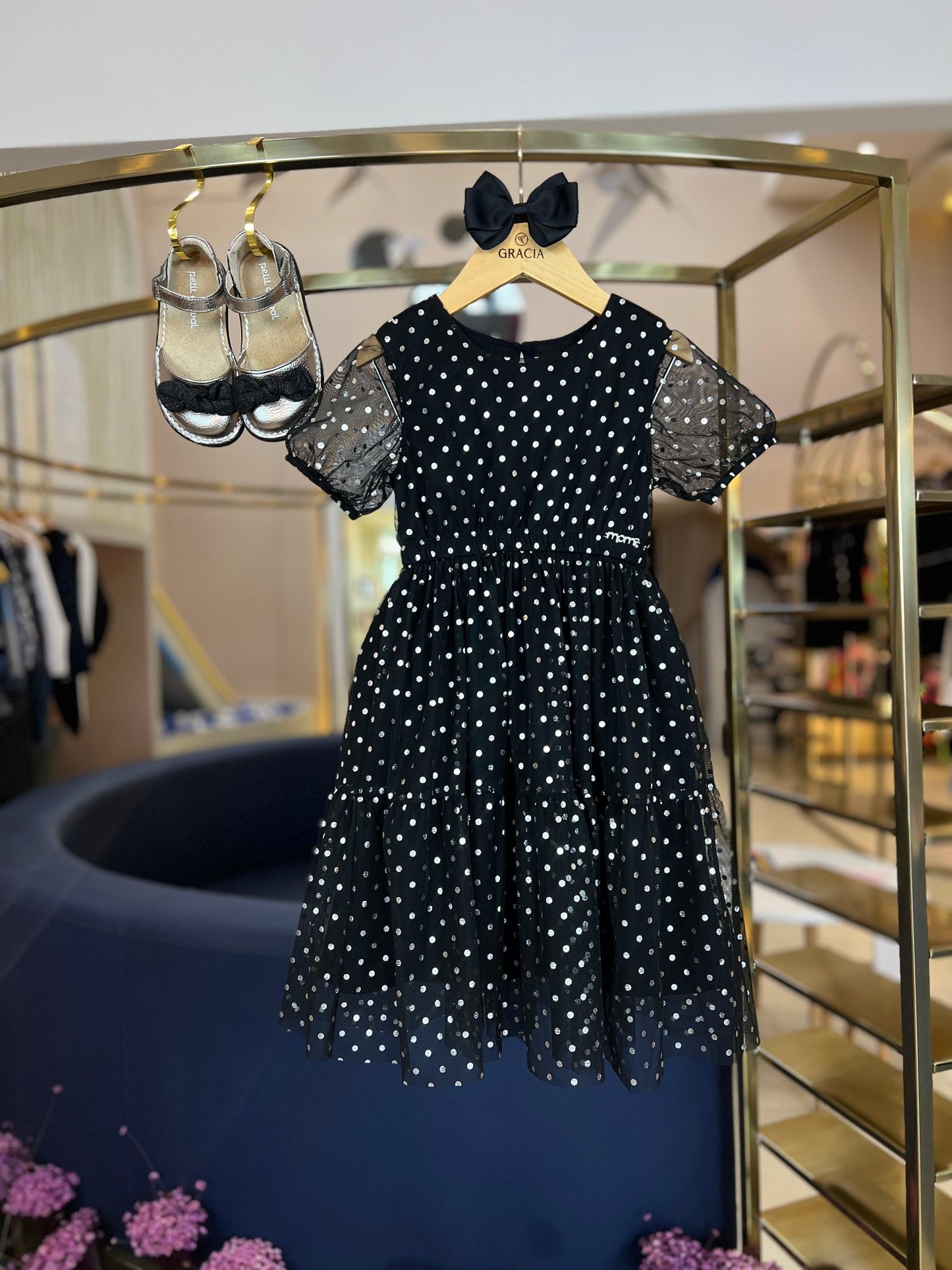 Vestido de Tule Poá Metalizado Momi - Gracia