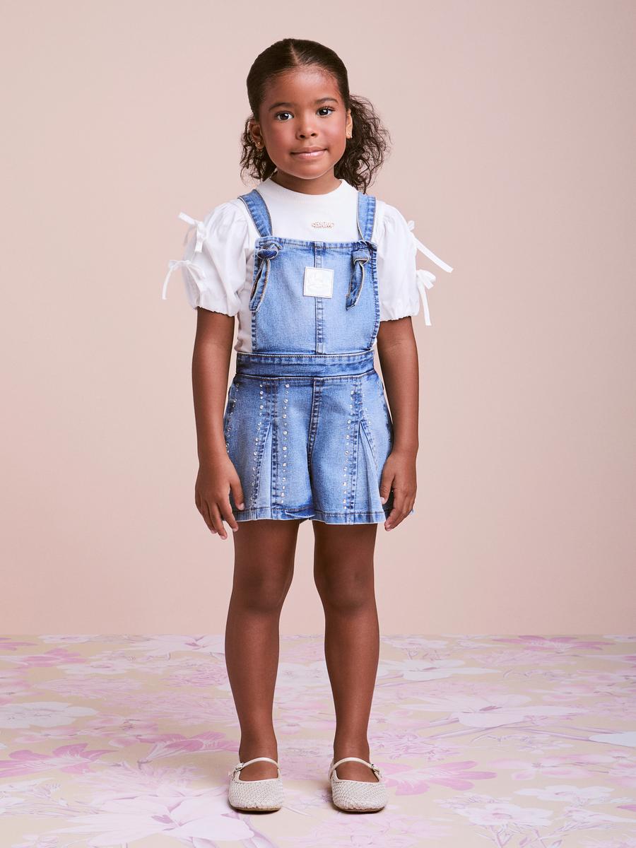 Jardineira Infantil Jeans com Strass com Blusa Manga Balonê - Animê