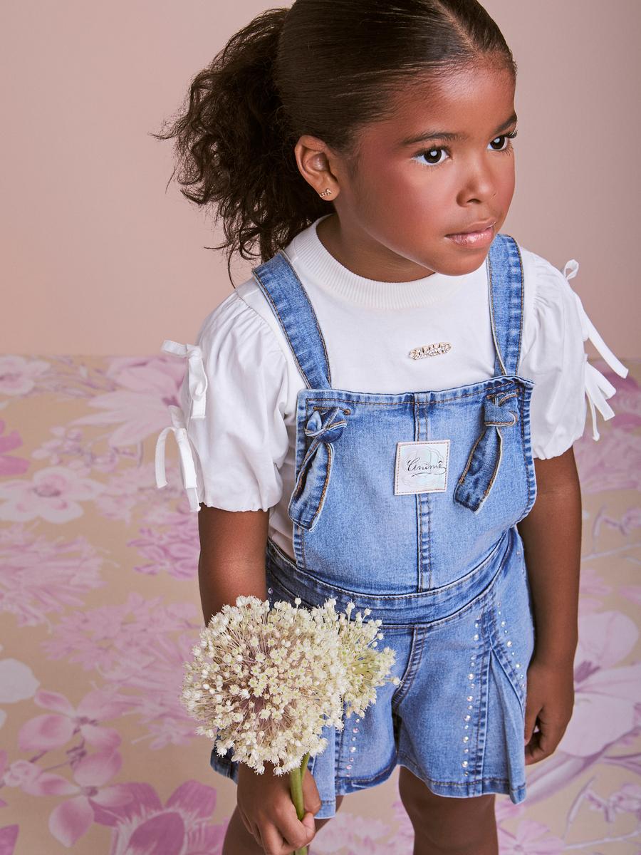 Jardineira Infantil Jeans com Strass com Blusa Manga Balonê - Animê