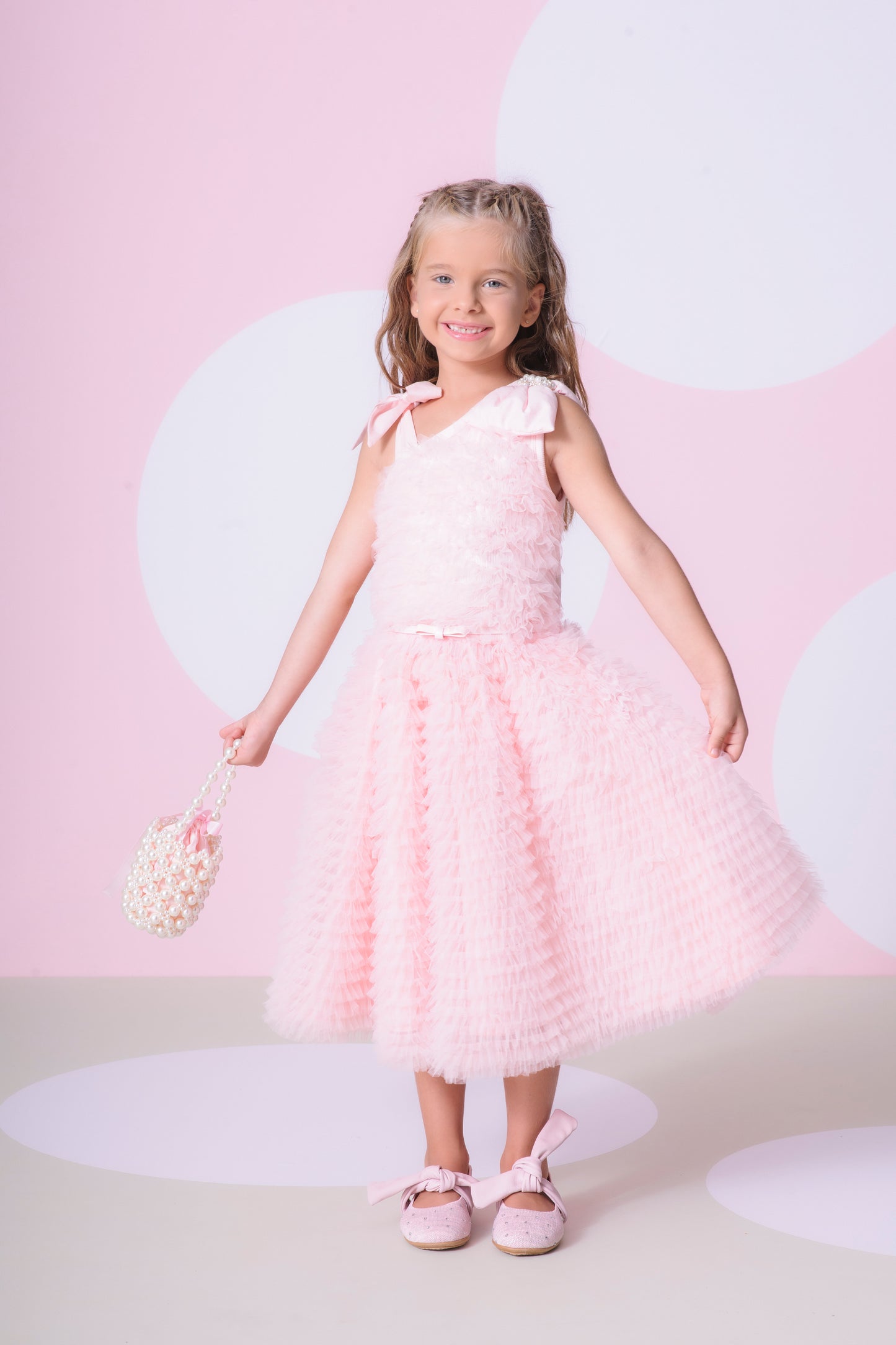 Vestido Infantil Festa Frufru Tule Laço Puffer Bordado Rosa Gelado - Pituchinhus