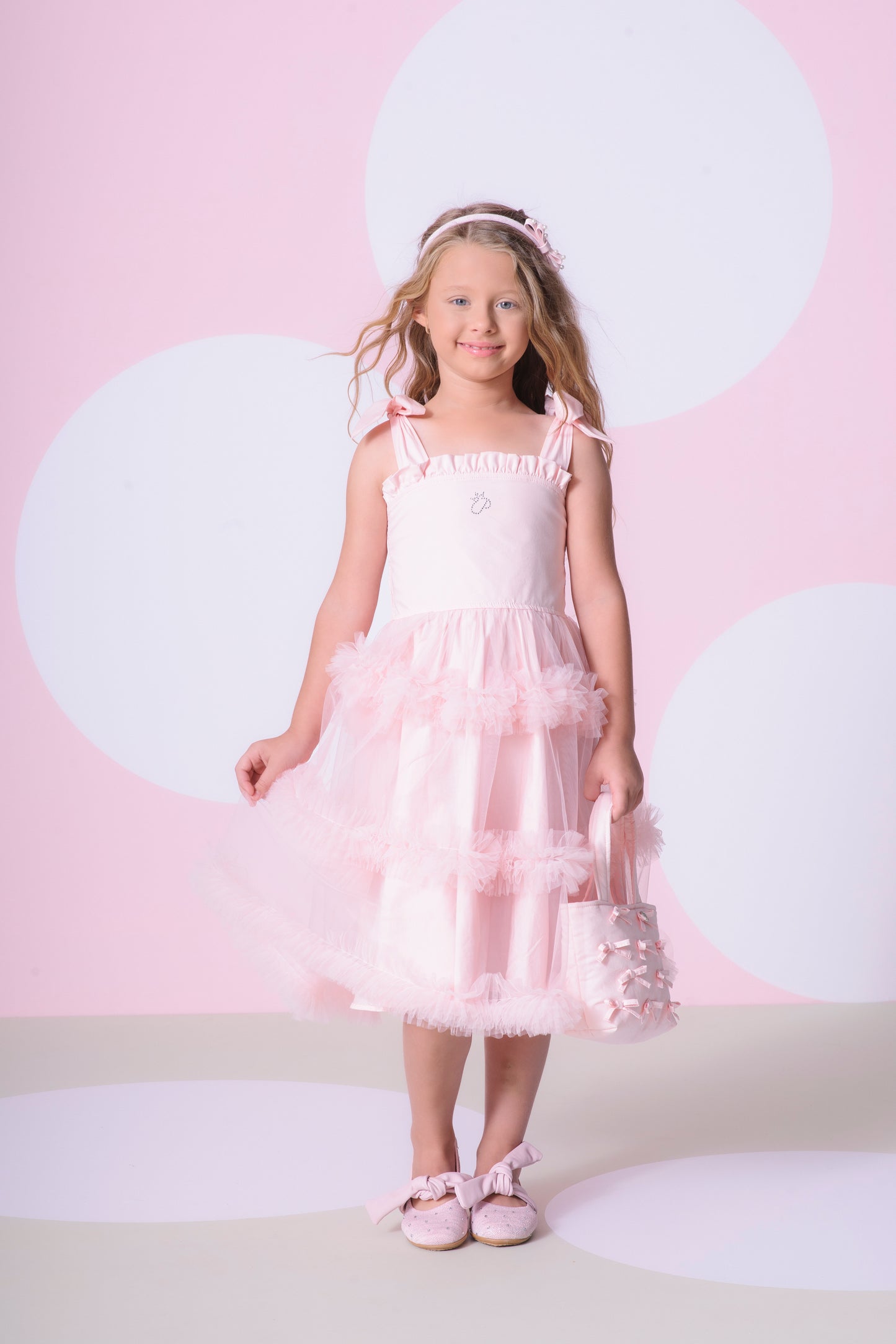 Vestido Infantil Festa Alça Laço e Frufru Tule Rosa Fada - Pituchinhus