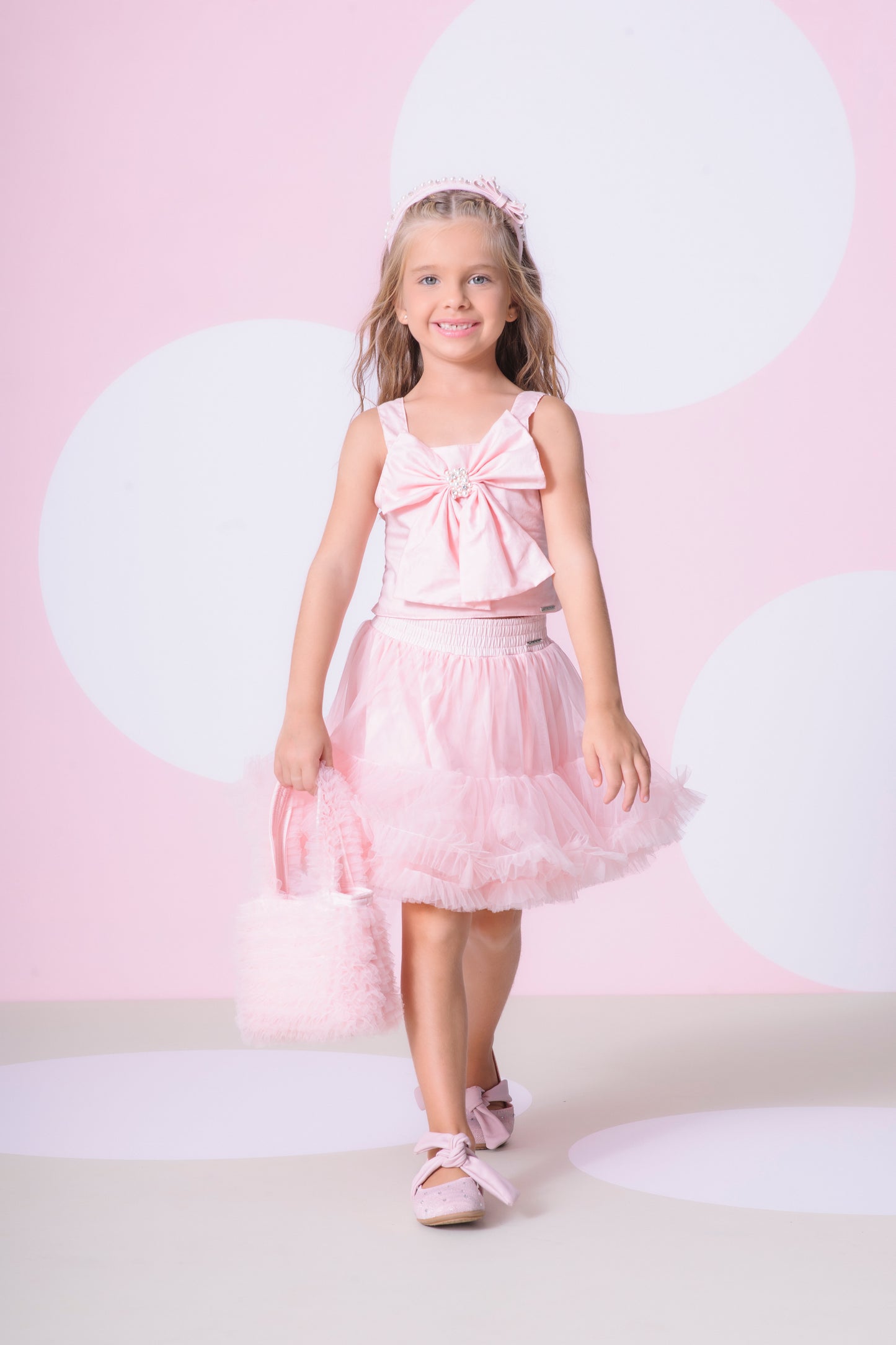 Conjunto Infantil Blusa Cropped Maxi Laço Bordado e Saia-shorts Babado Frufru Tule Rosa Baby - Pituchinhus