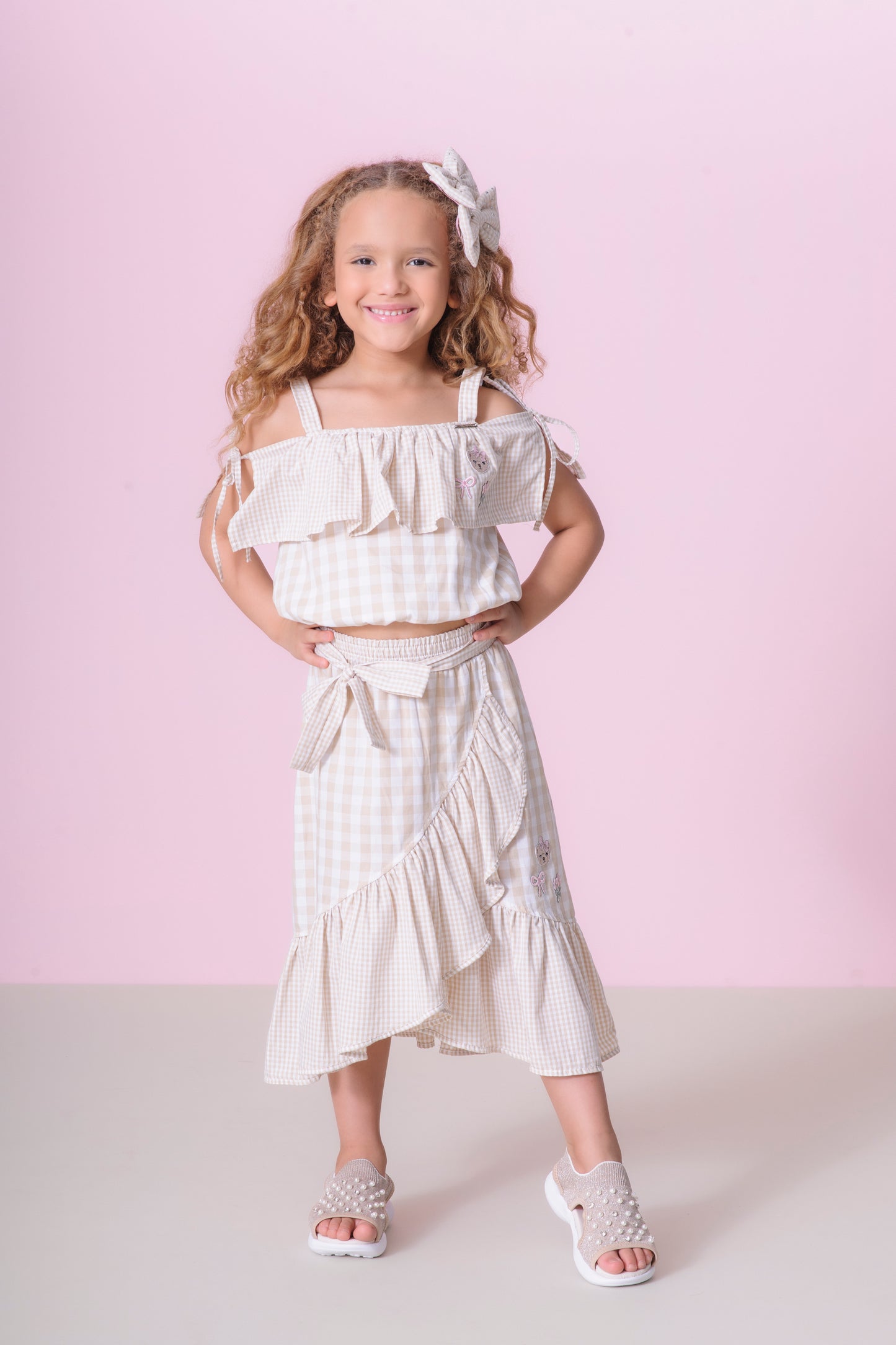 Conjunto Infantil Blusa Ciganinha e Saia-shorts Midi Xadrez Patches - Pituchinhus