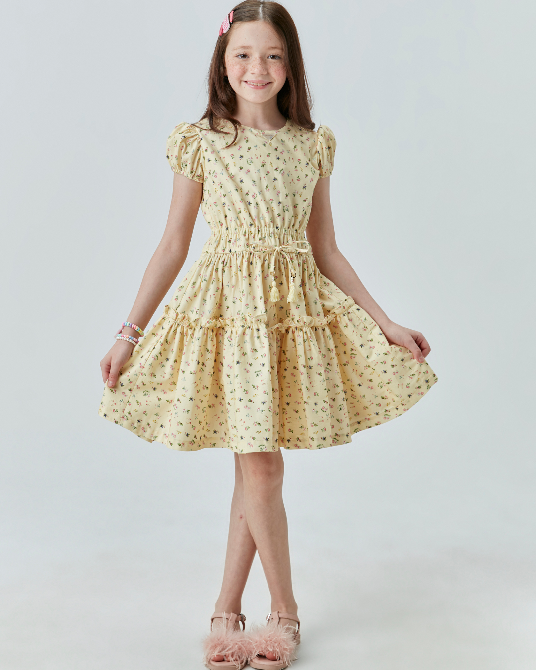 Vestido Infantil de Algodão Estampa Floral Amarelo - Um Mais Um