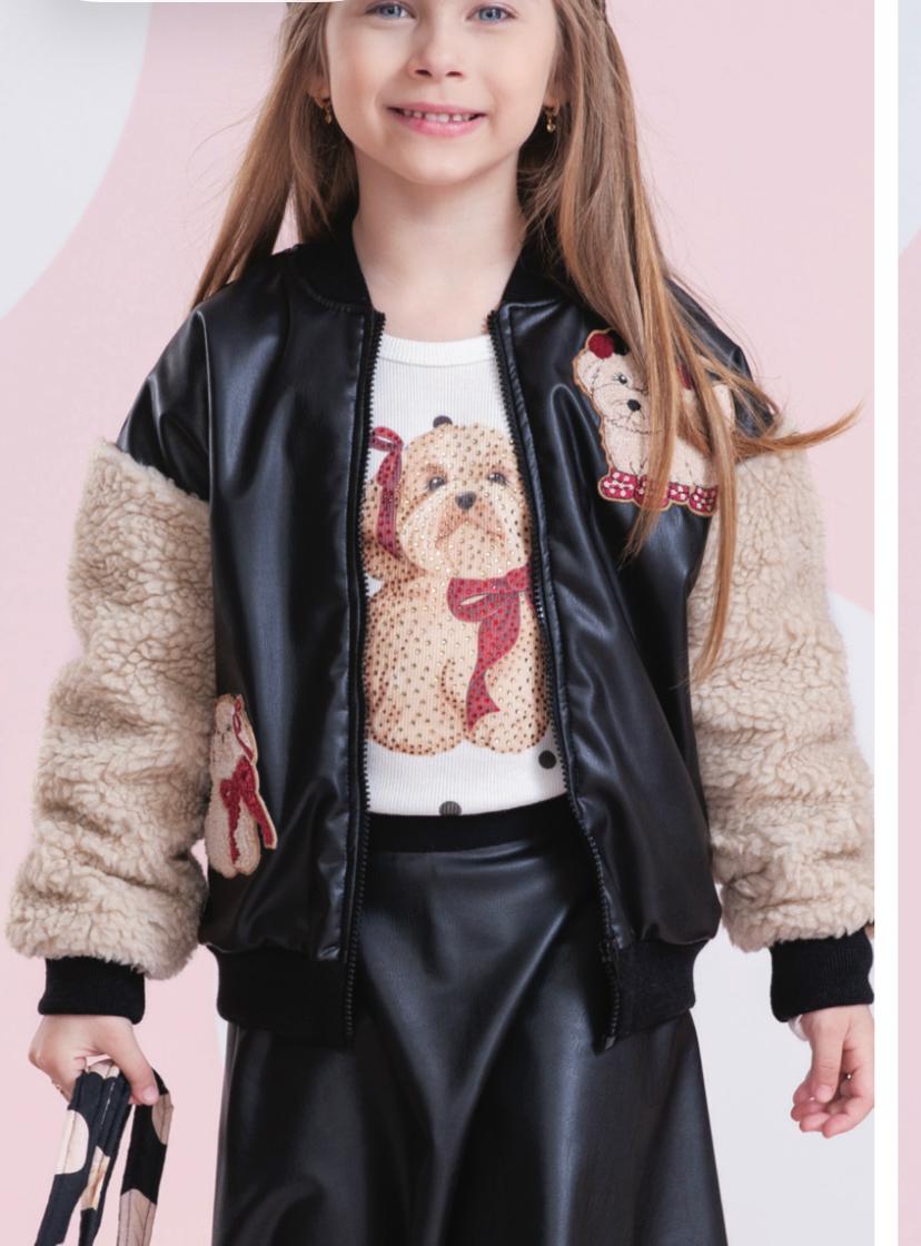 Jaqueta Infantil Patches Couro e Pele Carneirinhos Preta -Pituchinhus