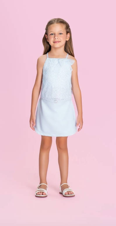 Conjunto Infantil Blusa Texturizada Com Laço e Shorts Saia - Petit Cherie