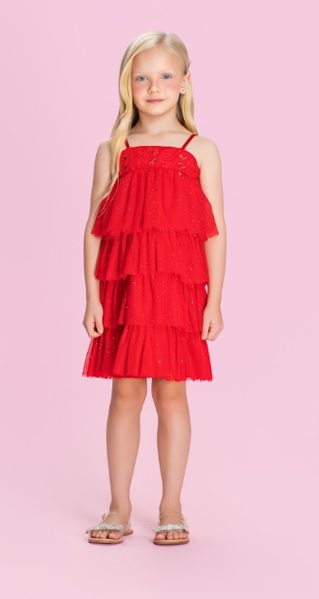 Vestido Infantil Babados Em Camadas Com Paetês Vermelho - Petit Cherie