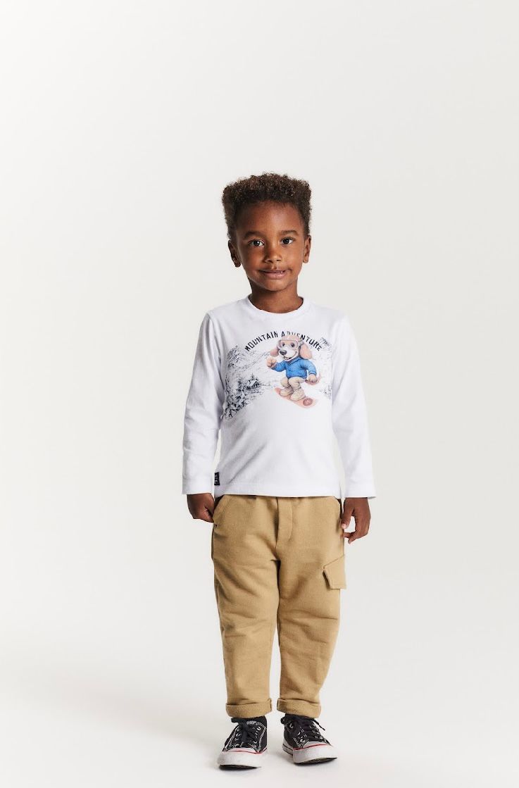 Conjunto Bebê Camiseta ML Ursinho Ski e Calça Moletom Cargo Bege - Um Mais Um