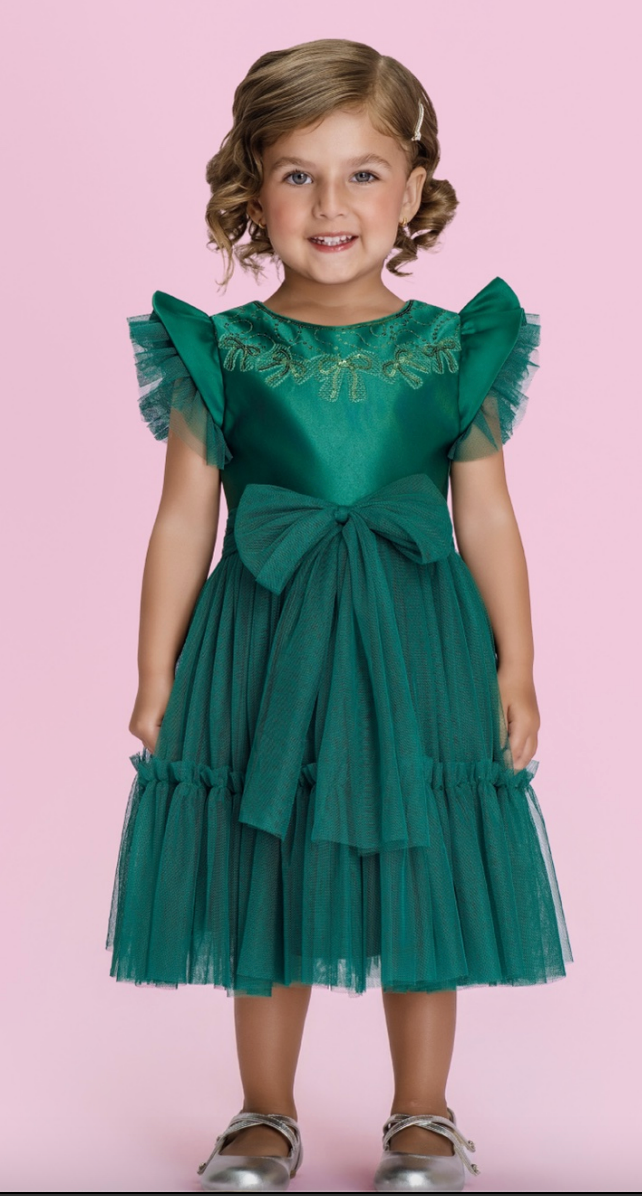 Vestido Infantil Verde Esmeralda Bordado Com Saia e Laço Em Tule - Petit Cherie