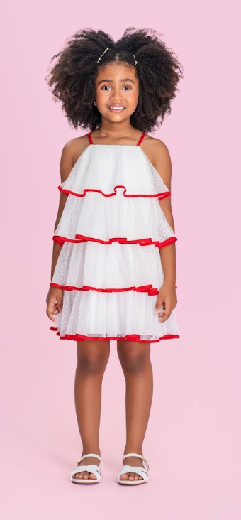 Vestido Infantil Babados Em Tule e Detalhes Vermelho - Petit Cherie