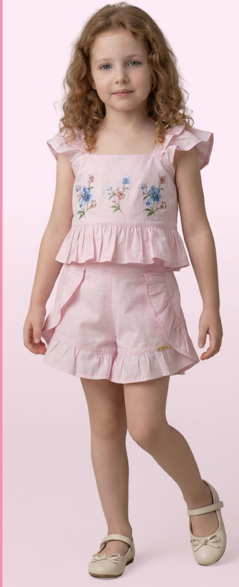 Conjunto Infantil Rosa Blusa Bordado Flores e Shorts Com Babadinho - Luluzinha