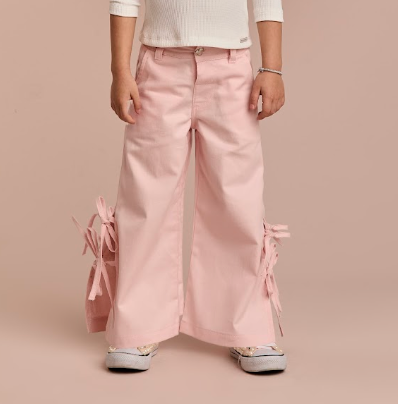 Calça Infantil Wide Sarja Rosa Lacinhos Laterais - Gabriela Aquarela