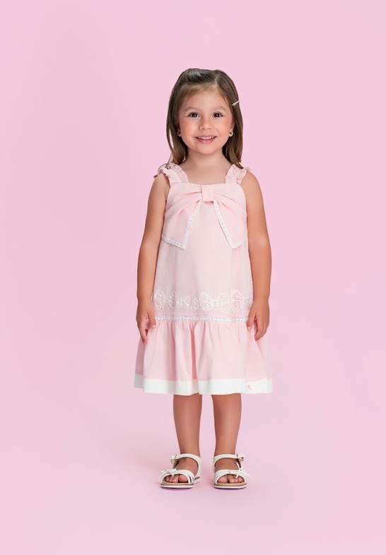 Vestido Infantil Rosa com Laços Bordados e Pérolas - Petit Cherie