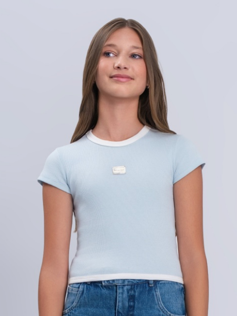Blusa Teen Cropped Canelada Mangas Curtas - Vanilla Creamv- Pré Venda