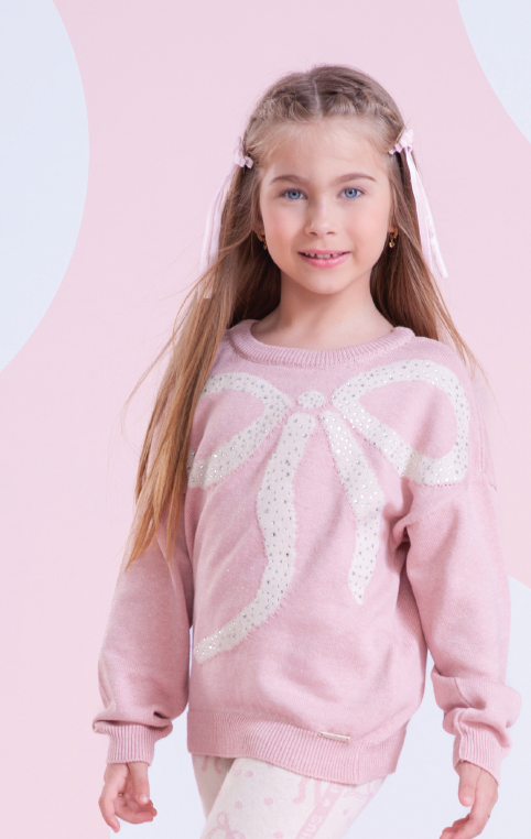 Blusa Infantil Tricot Maxi Laço Cristais Rosa Dolce - Pituchinhus