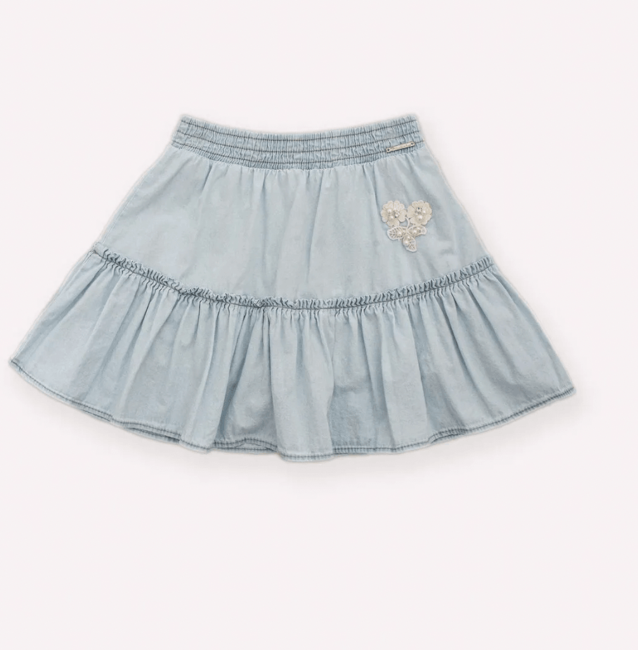Saia Jeans Babado Guipir Bordado Couture - Pituchinhus - Gracia