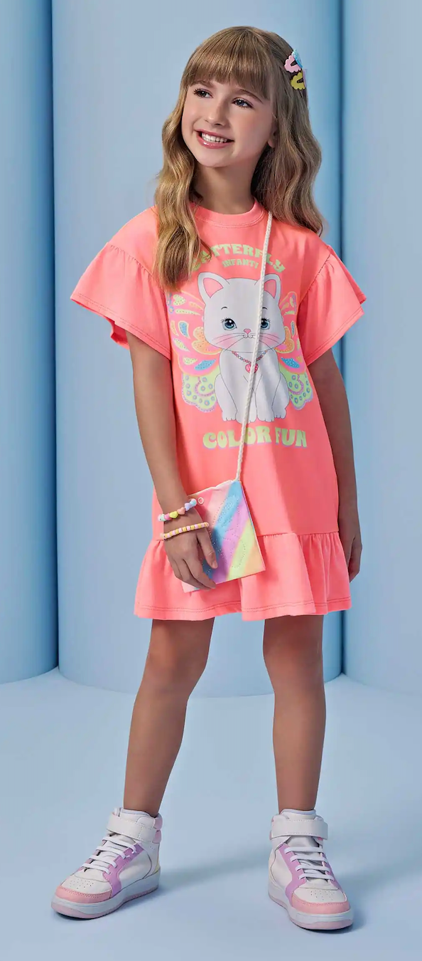 Vestido Infantil Rosa Neon Gatinha e Bolsinha Transversal Colorida - Infanti
