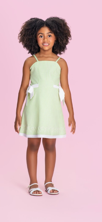 Vestido Infantil Verde Listrado Com Laços Laterais - Petit Cherie