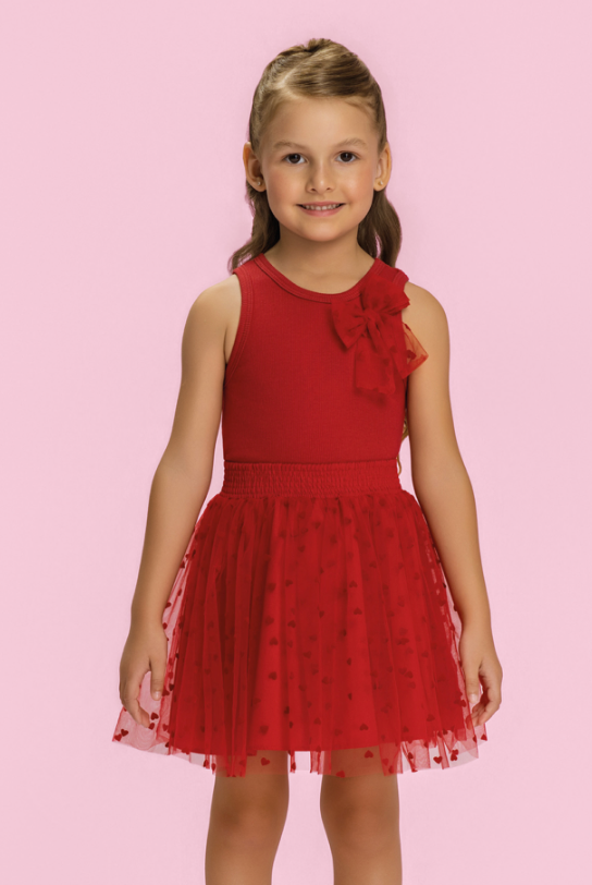 Conjunto Infantil Regata Laço Lateral e Saia Em Tule Flocado Vermelho - Mon Sucre