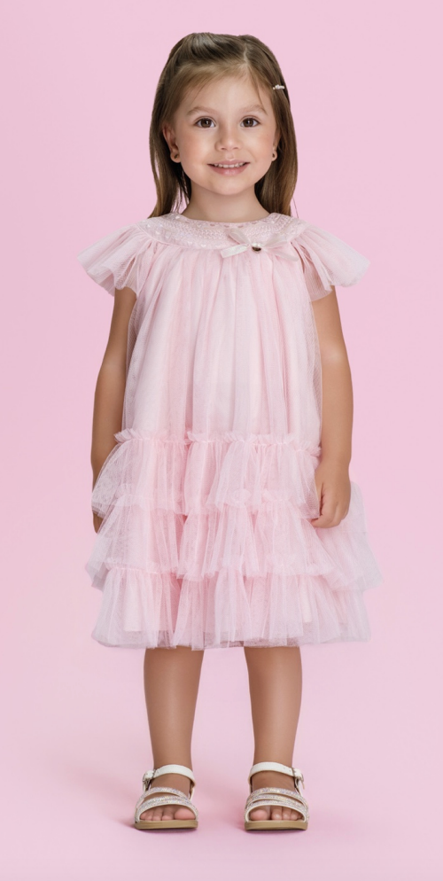 Vestido Infantil Em Tule Com Gola Bordada e Laço - Petit Cherie