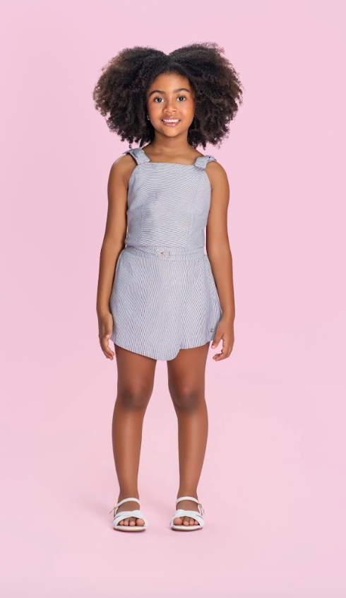 Conjunto Infantil Listrado Blusa Com Laços Nos Ombros e Shorts Saia - Petit Cherie