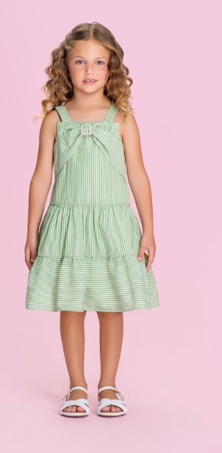 Vestido Infantil Verde Listrado Com Maxxi Laço - Petit Cherie