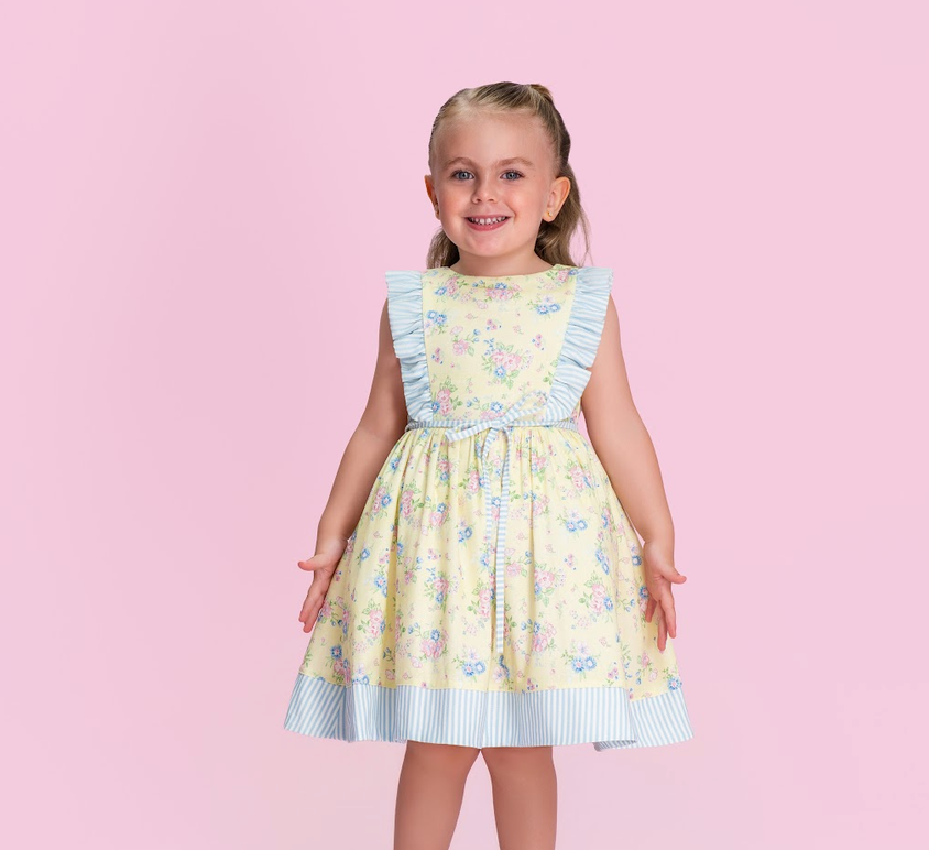Vestido Infantil Amarelo com Estampa Floral e Babados Azul-Claro - Petit Cherie