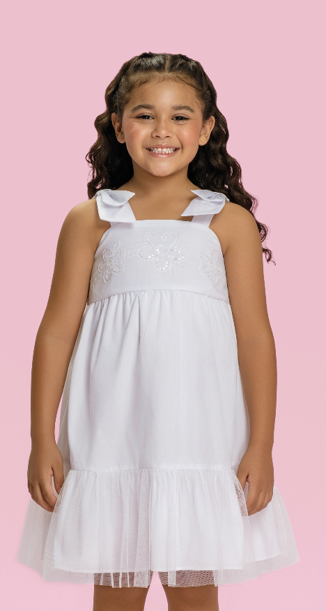 Vestido Infantil Branco com Alças de Laços e Tule - Mon Sucre