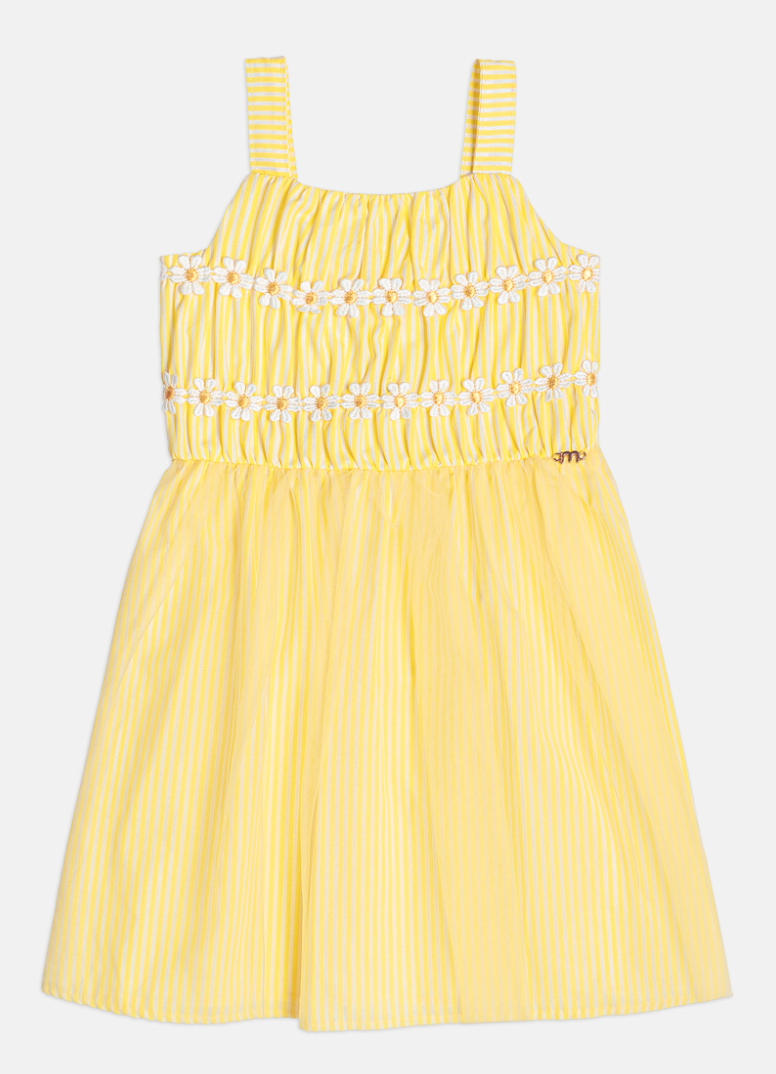 Vestido Listrado Com Tule e Aplicação de Flores - Momi