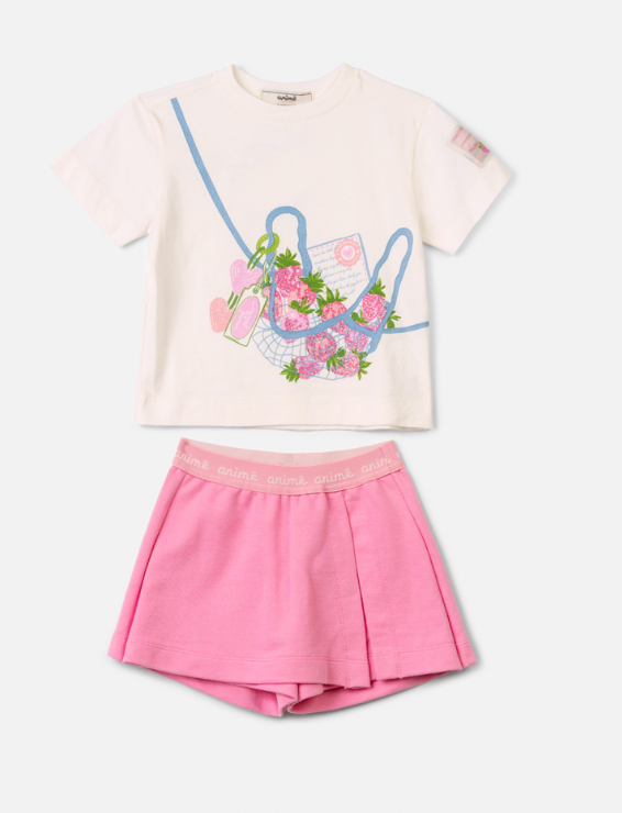 Conjunto Infantil T - Shirt Estampa Strawberry e Shorts Saia Rosa - Animê