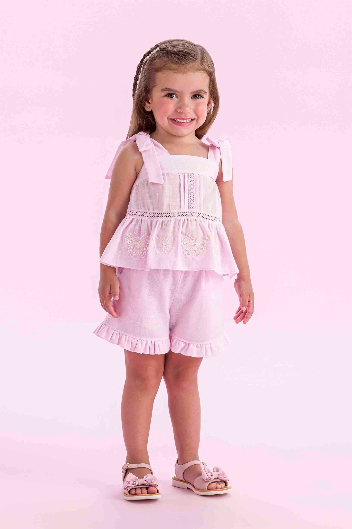 Conjunto Infantil Algodão Blusa e Shorts Renda e Bordado Rosa Claro - Petit Cherie PRÉ-VENDA