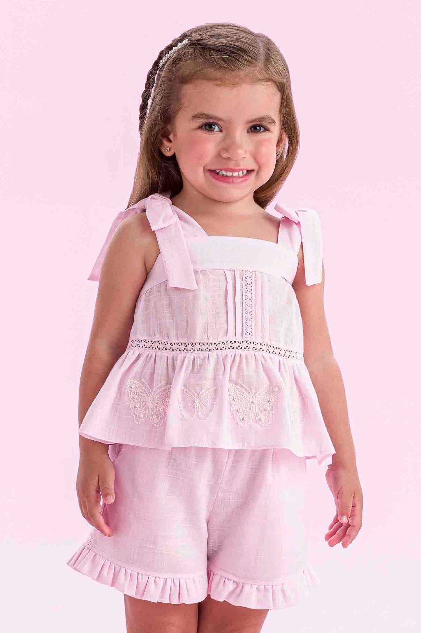 Conjunto Infantil Algodão Blusa e Shorts Renda e Bordado Rosa Claro - Petit Cherie PRÉ-VENDA