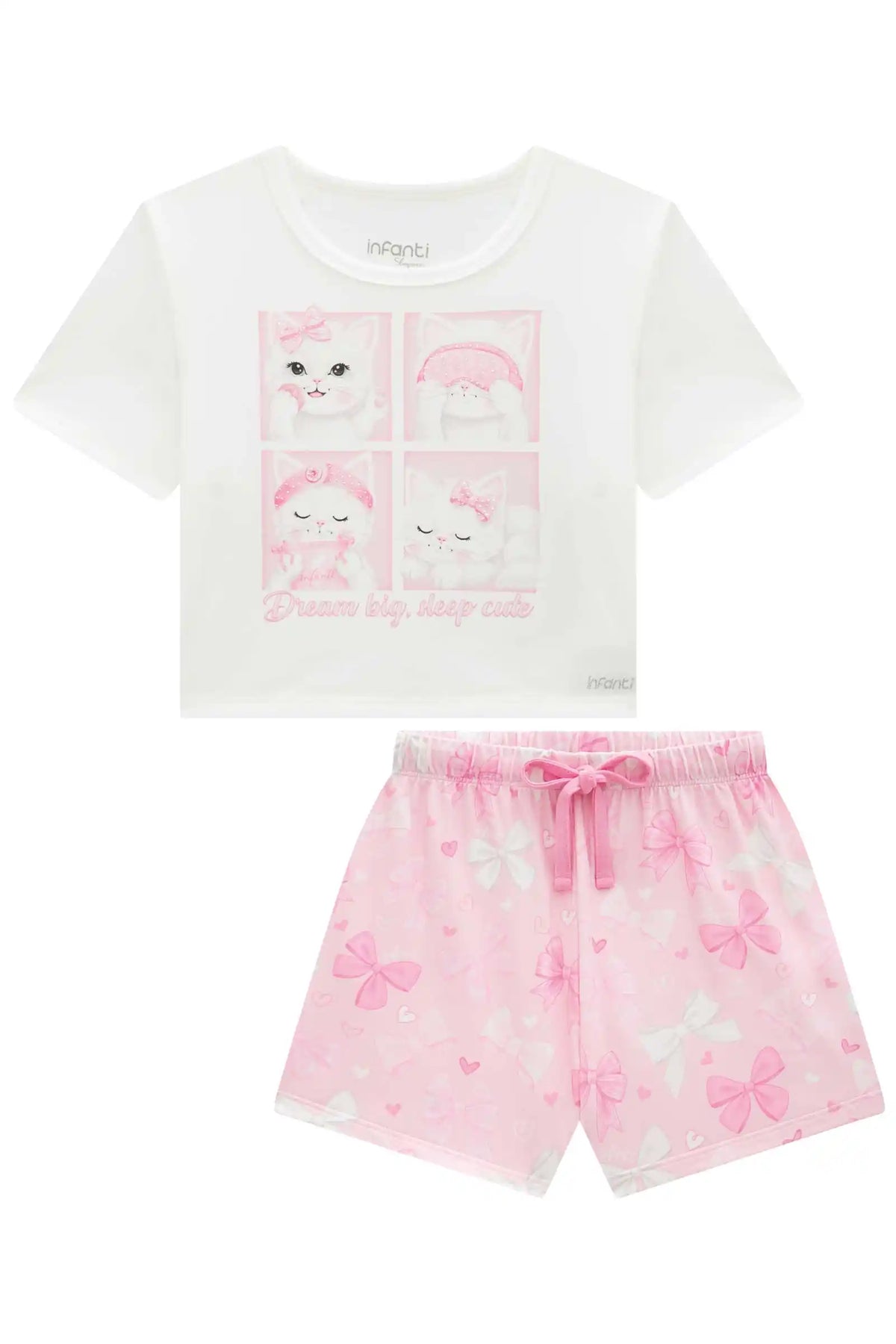 Pijama Infantil Blusa Gatinha Shorts Rosa - Infanti