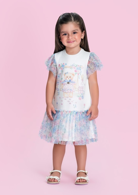 Vestido Infantil Floral com Mangas Babado Laço Decorativo no Ombro e Saia com Barra Listrada - Petit Cherie
