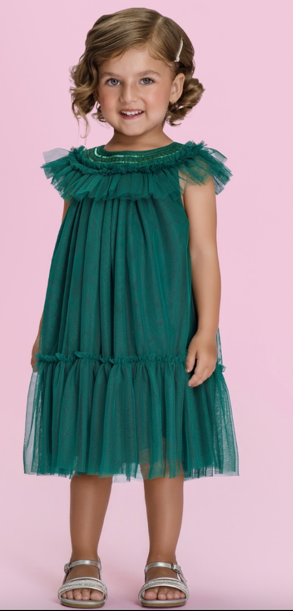 Vestido Infantil Verde Esmeralda Em Tule e Gola Bordada Com Brilhos - Petit Cherie