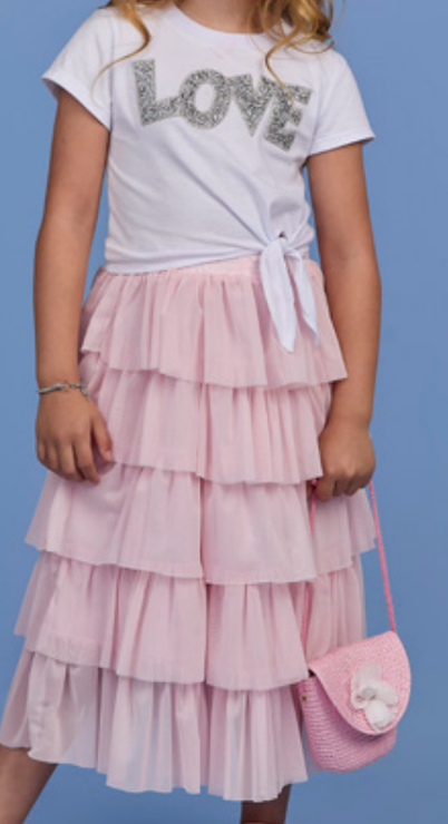 Conjunto Infantil T- Shirt Aplicação Love Cristais e Saia Midi - Gabriela Aquarela