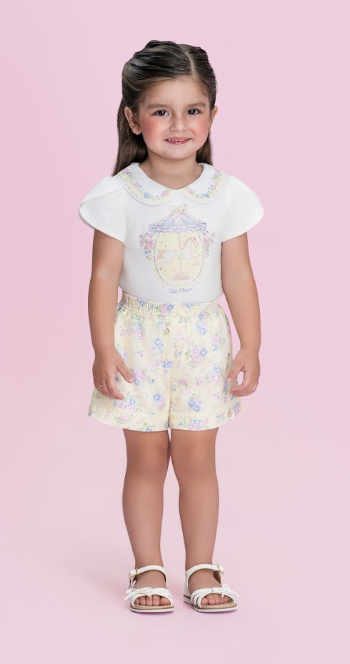 Conjunto Infantil Blusa Strass e Shorts Amarelo Estampa Florais - Petit Cherie