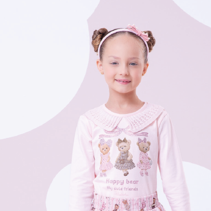 Blusa Infantil Algodão Cotton Ursinhas Happy Gola Tricot Rosa Gelado - Pituchinhus