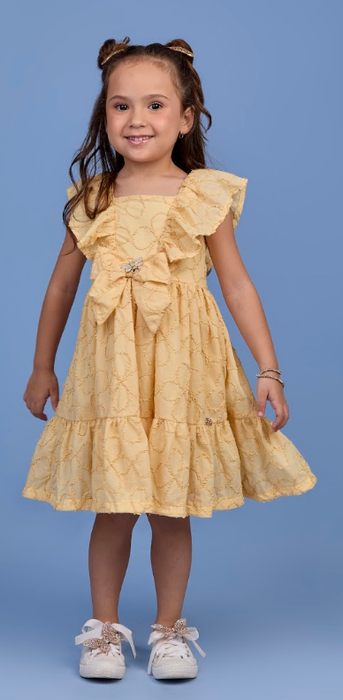 Vestido Infantil Amarelo Bordado de Flores 3D e Laço Com Libélula Metálica - Gabriela Aquarela
