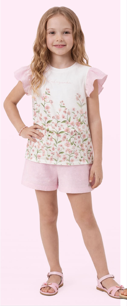 Conjunto Infantil Blusa Estampa Floral e Shorts Alfaiataria Listrado Rosa - Luluzinha