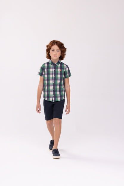 Conjunto Infantil Camisa MC Xadrez Verde e Bermuda Linho Marinho - Charpey