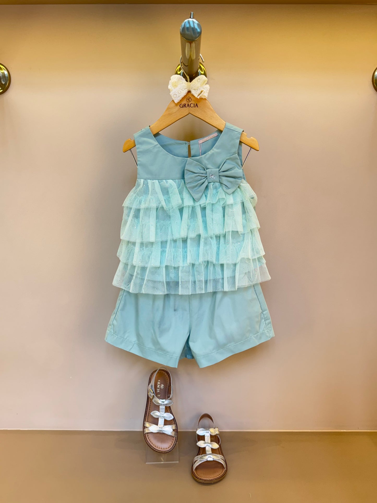 Conjunto Infantil Tricoline Blusa com Tule e Shorts - Petit Cherie